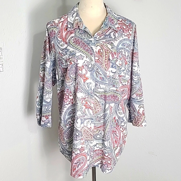 Croft & Barrow Pink, Blue & White Floral Buttondown Blouse, Size XXL - Picture 1 of 10